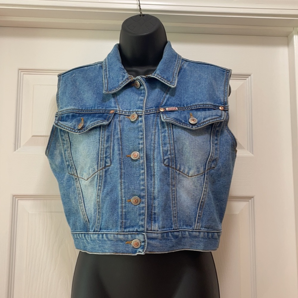 VINTAGE DENIM CROP SLEEVELESS JACKET